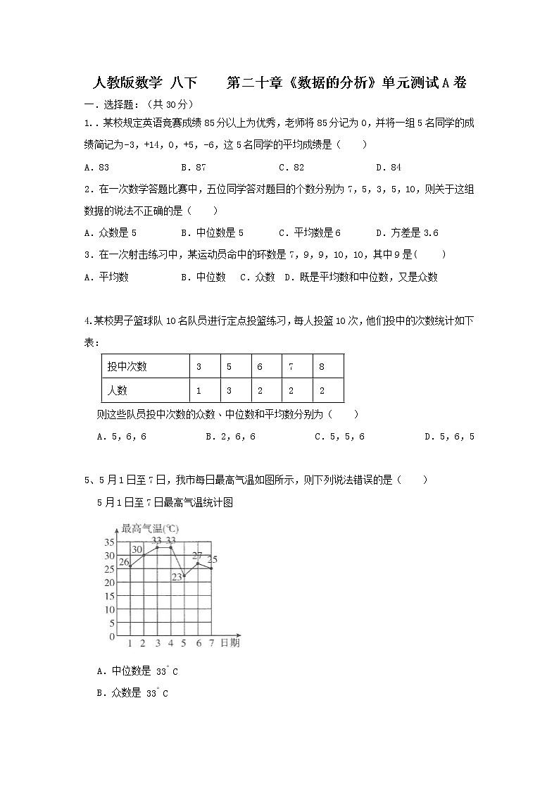 人教版数学 八下 第20章同步测试提升卷A卷 原卷+解析01