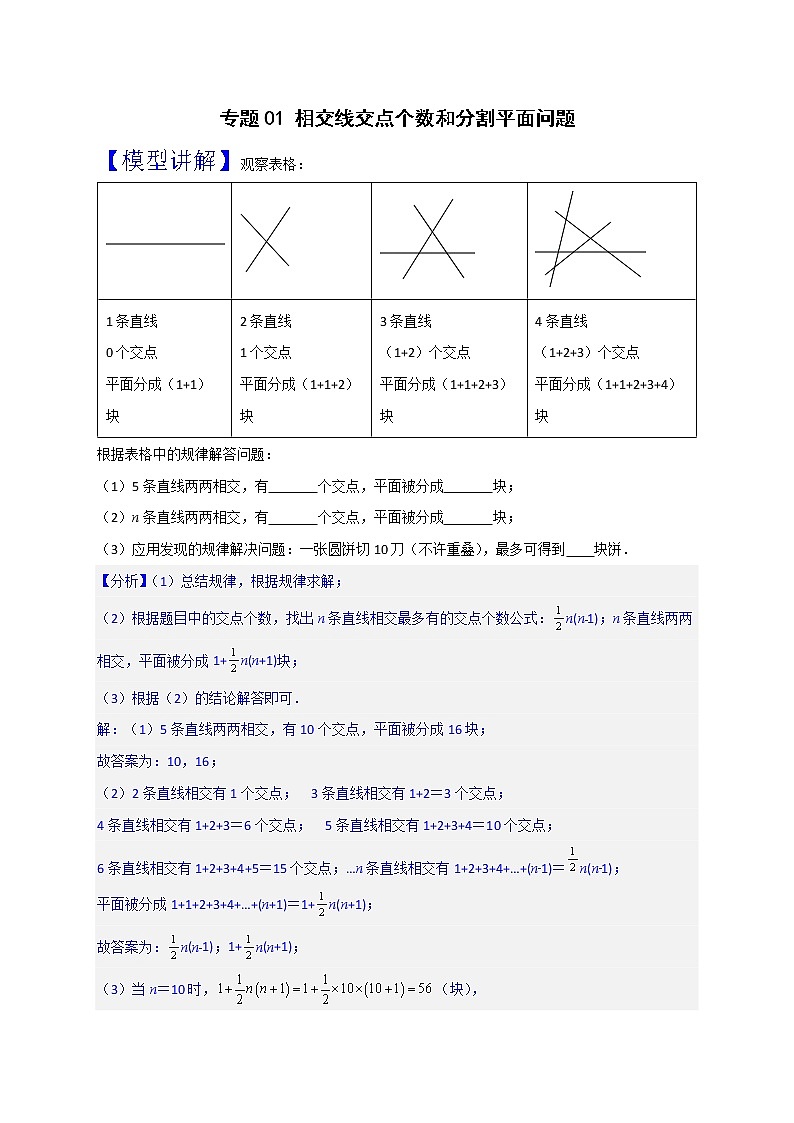 七年级数学下册考点精练专题01 相交线交点个数和分割平面问题第1页