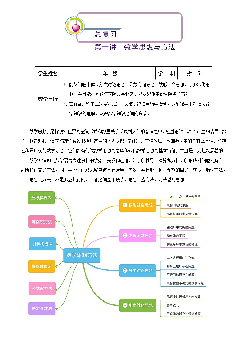 初中数学中考复习 第一讲  数学思想方法（解析版） 试卷01