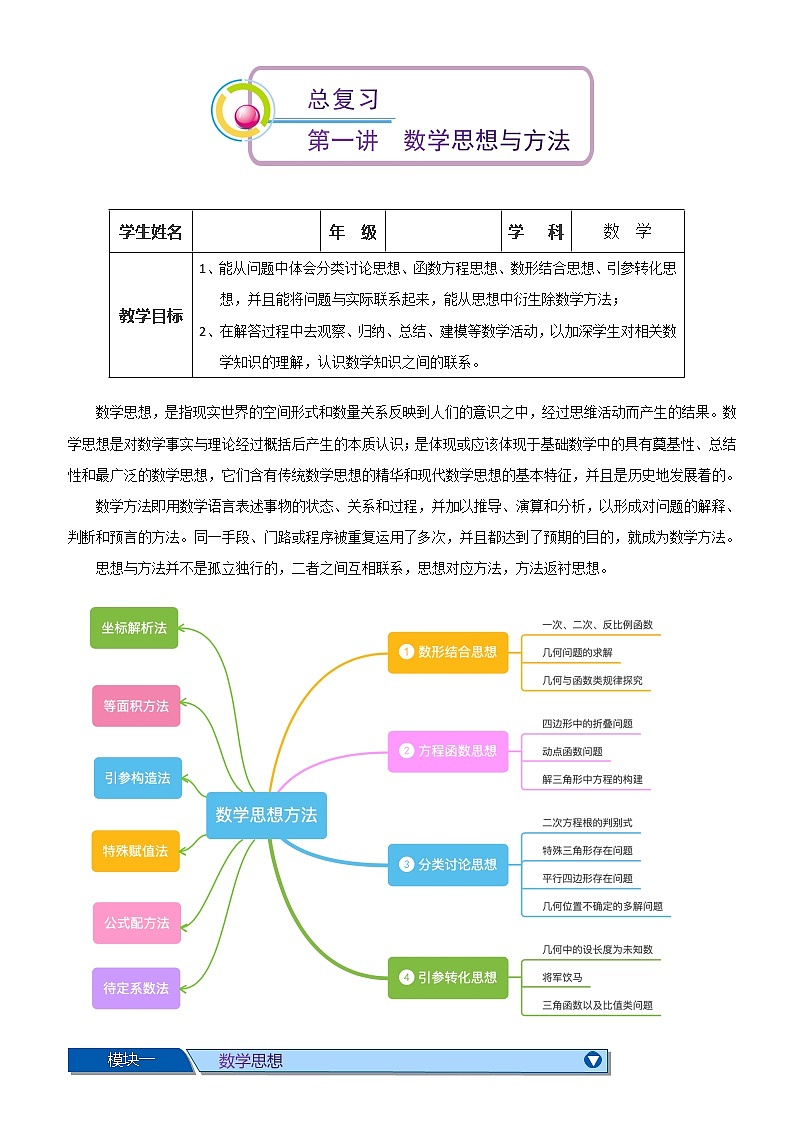 初中数学中考复习 第一讲  数学思想方法（原卷版）第1页