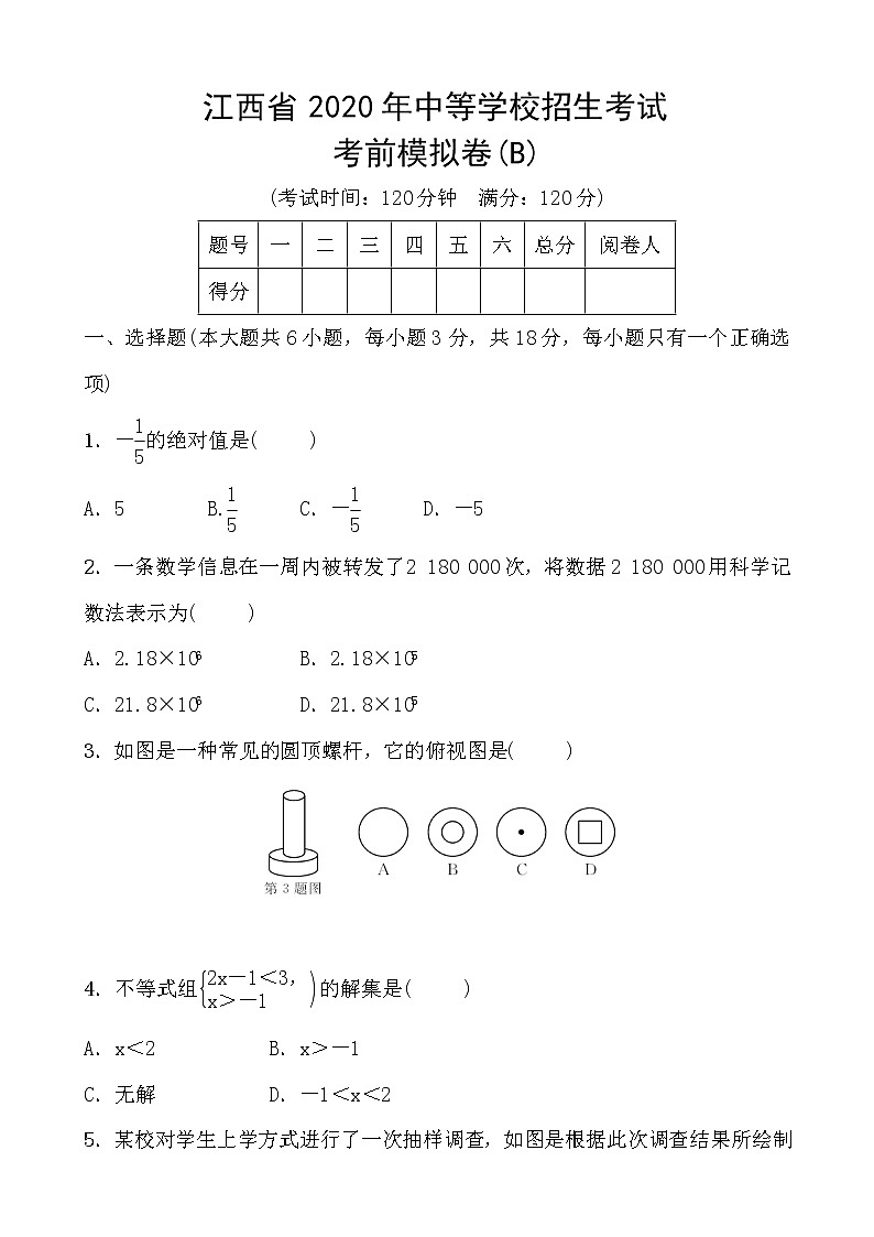 初中数学中考复习 江西省2020年中等学校招生考试 考前模拟卷B01
