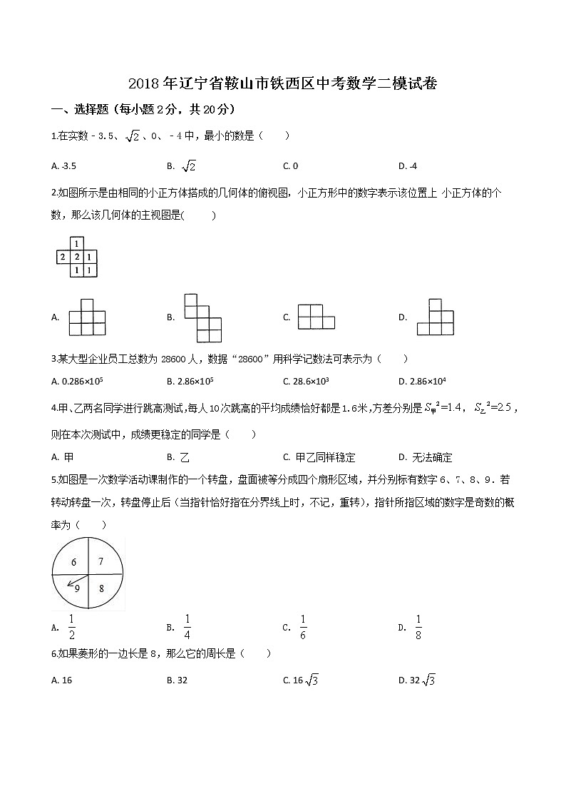 初中数学中考复习 精品解析：【区级联考】辽宁省鞍山市铁西区2018届九年级中考二模数学试题（原卷版）第1页