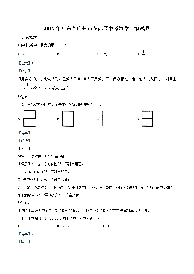 初中数学中考复习 精品解析：2019年广东省广州市花都区中考数学一模试题（解析版）01