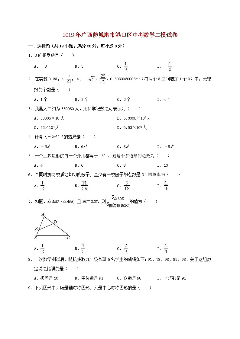 初中数学中考复习 广西防城港市港口区2019年中考数学二模试卷（含解析）01