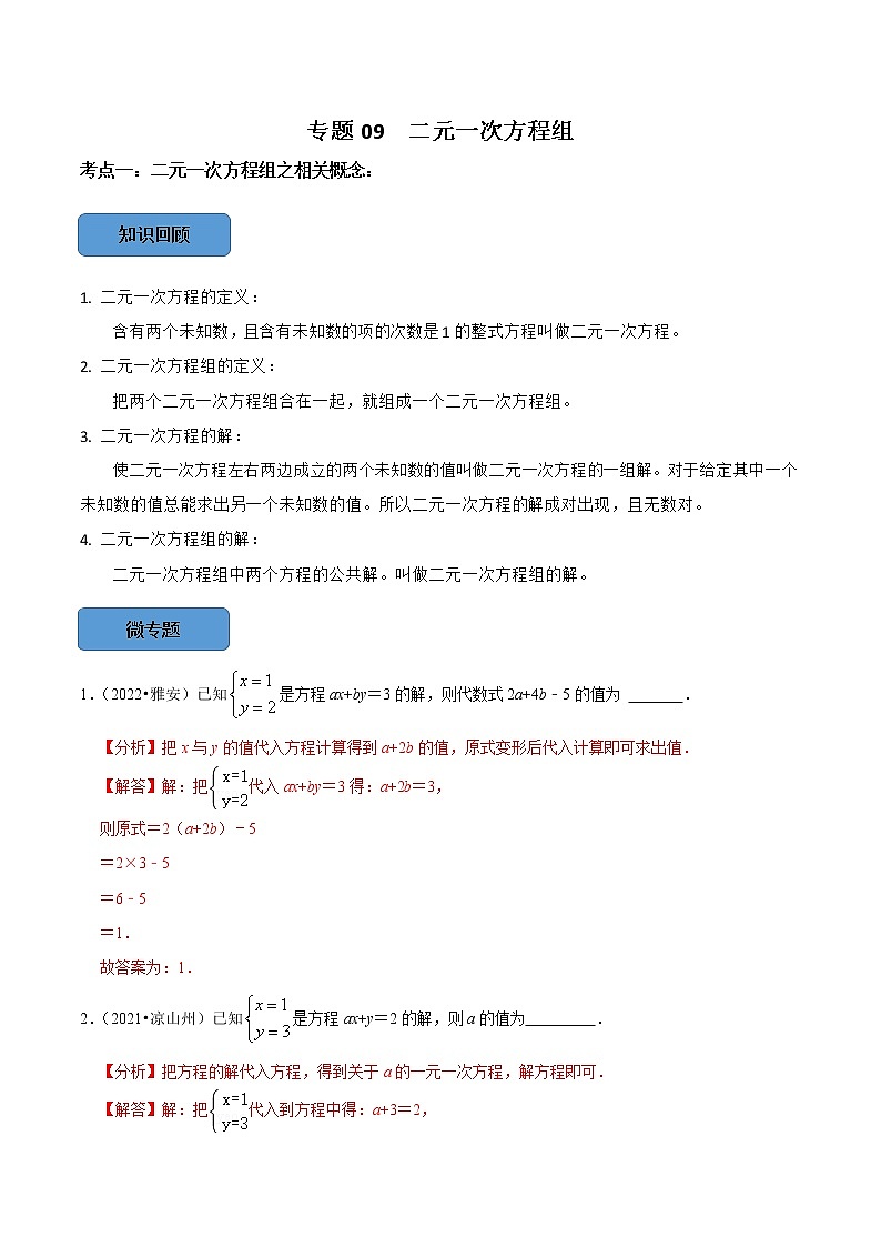 专题09 —二元一次方程组篇-备战2023年中考数学必考考点总结+题型专训（全国通用）01