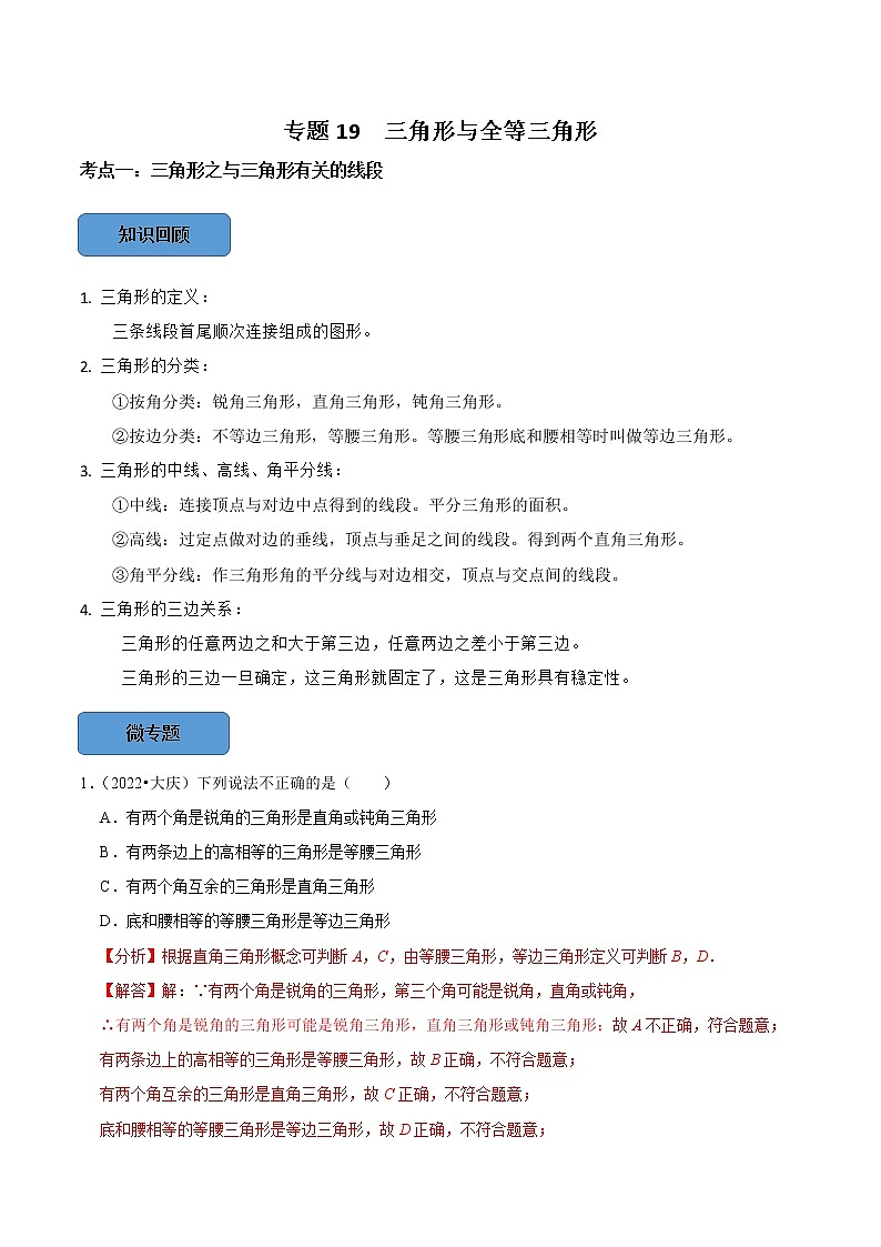 专题19 三角形与全等三角形篇-备战2023年中考数学必考考点总结+题型专训（全国通用）01
