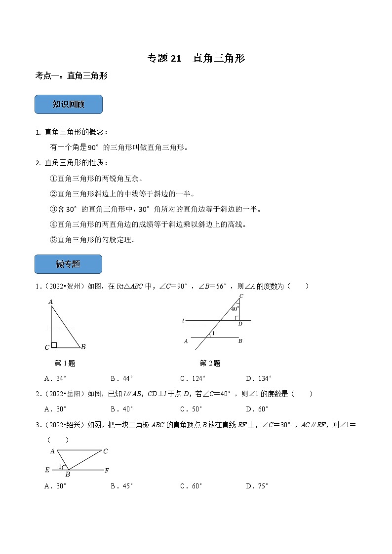 专题21 直角三角形篇-备战2023年中考数学必考考点总结+题型专训（全国通用）01