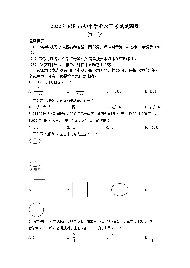 初中数学中考复习 精品解析：2022年湖南省邵阳市中考数学真题（原卷版）第1页