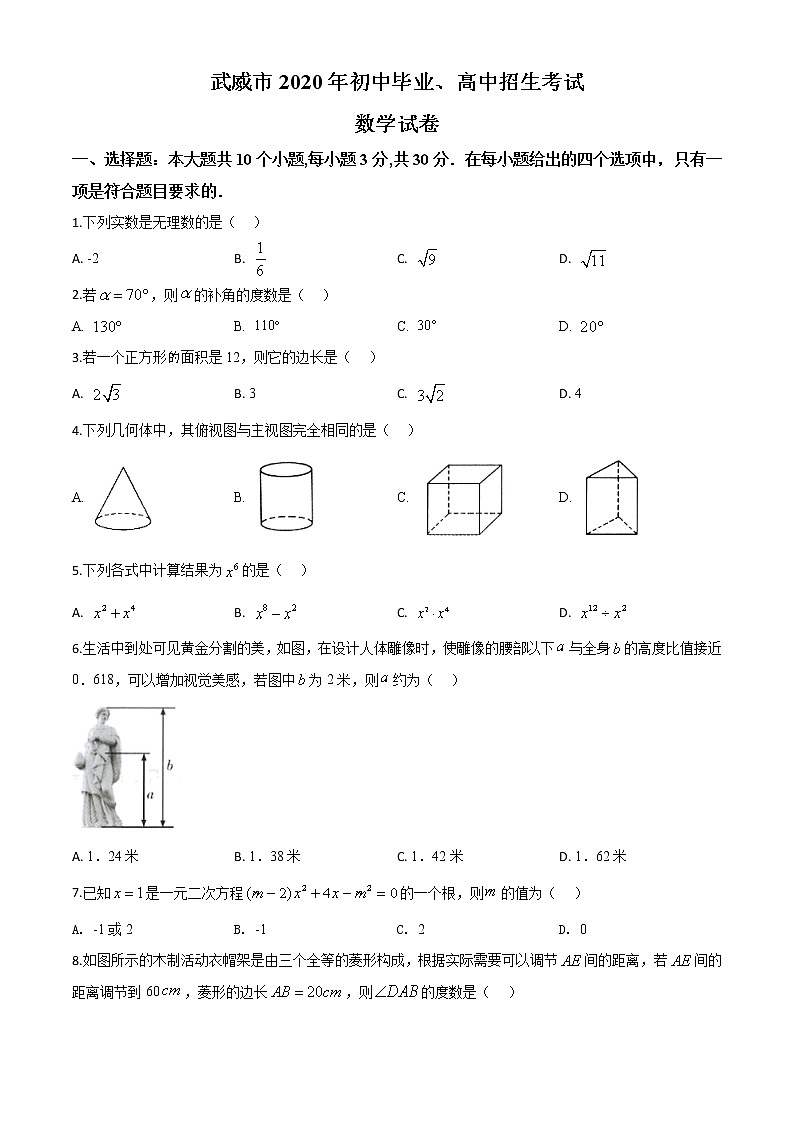 初中数学中考复习 精品解析：甘肃省武威市2020年中考数学试题（原卷版）01