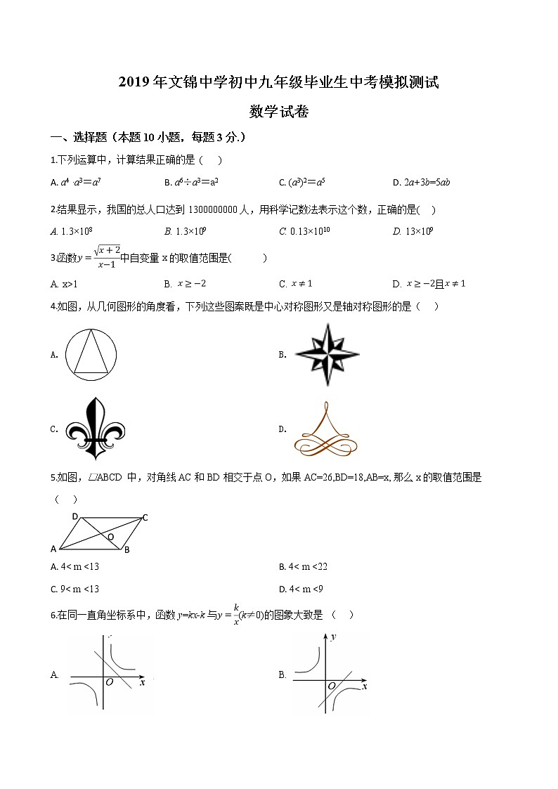 初中数学中考复习 精品解析：广东省深圳市文锦中学2019届九年级毕业生中考模拟测试数学试题（原卷版）第1页