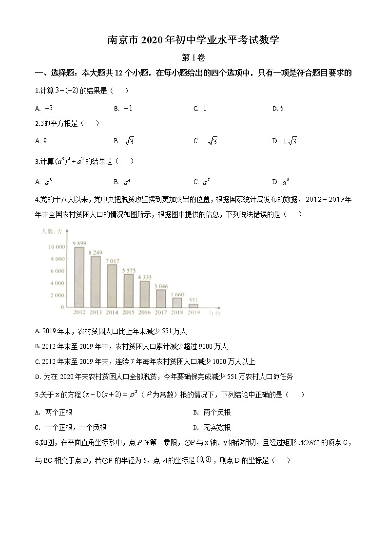 初中数学中考复习 精品解析：江苏省南京市2020年中考数学试题（原卷版）01