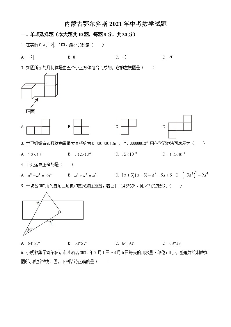 初中数学中考复习 精品解析：内蒙古鄂尔多斯2021年中考数学试题（原卷版）01