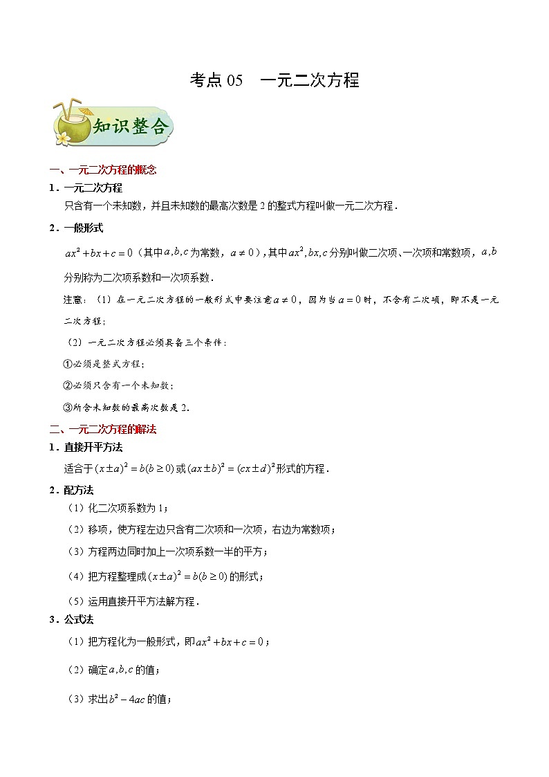 初中数学中考复习 考点05 一元二次方程-中考数学考点一遍过第1页