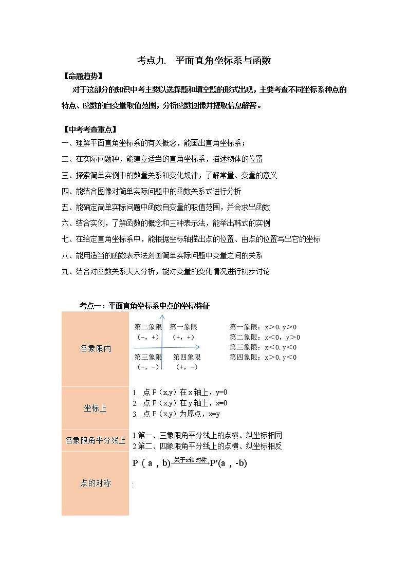 初中数学中考复习 考点09  平面直角坐标系与函数（原卷版）第1页