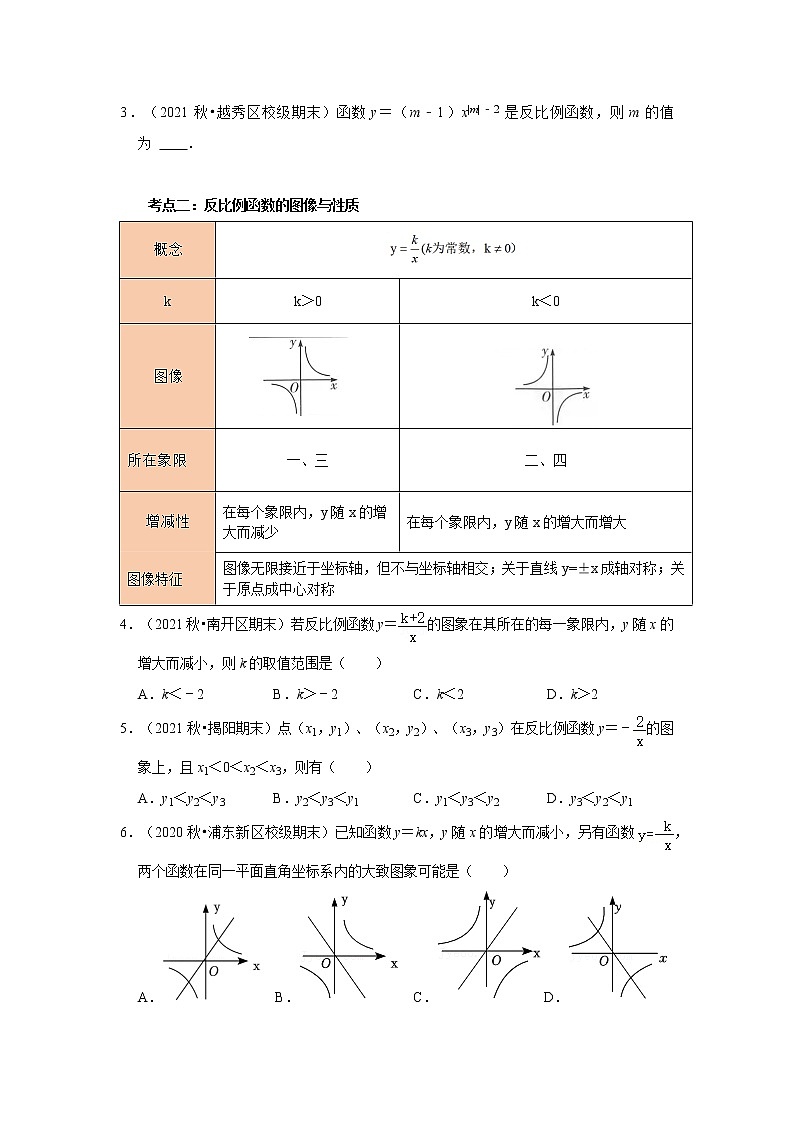 初中数学中考复习 考点12  反比例函数的图像与性质及实际应用（原卷版）02