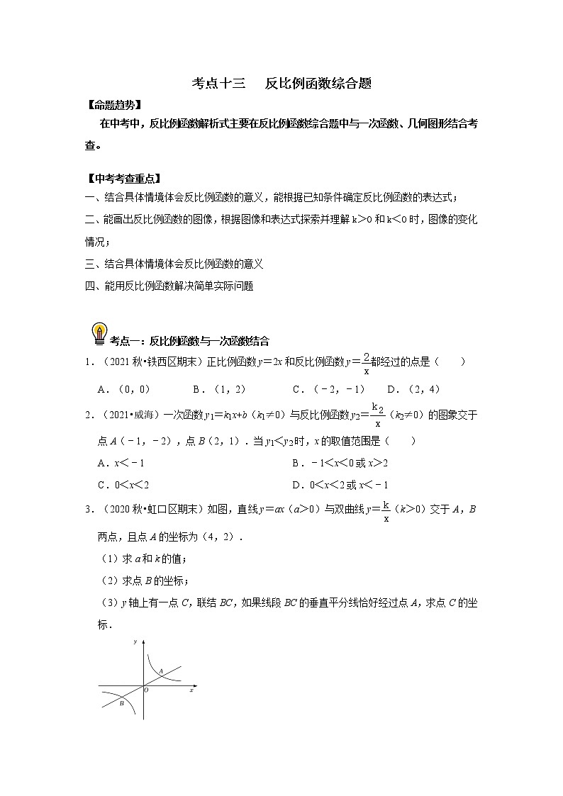初中数学中考复习 考点13  反比例函数综合题（原卷版）01