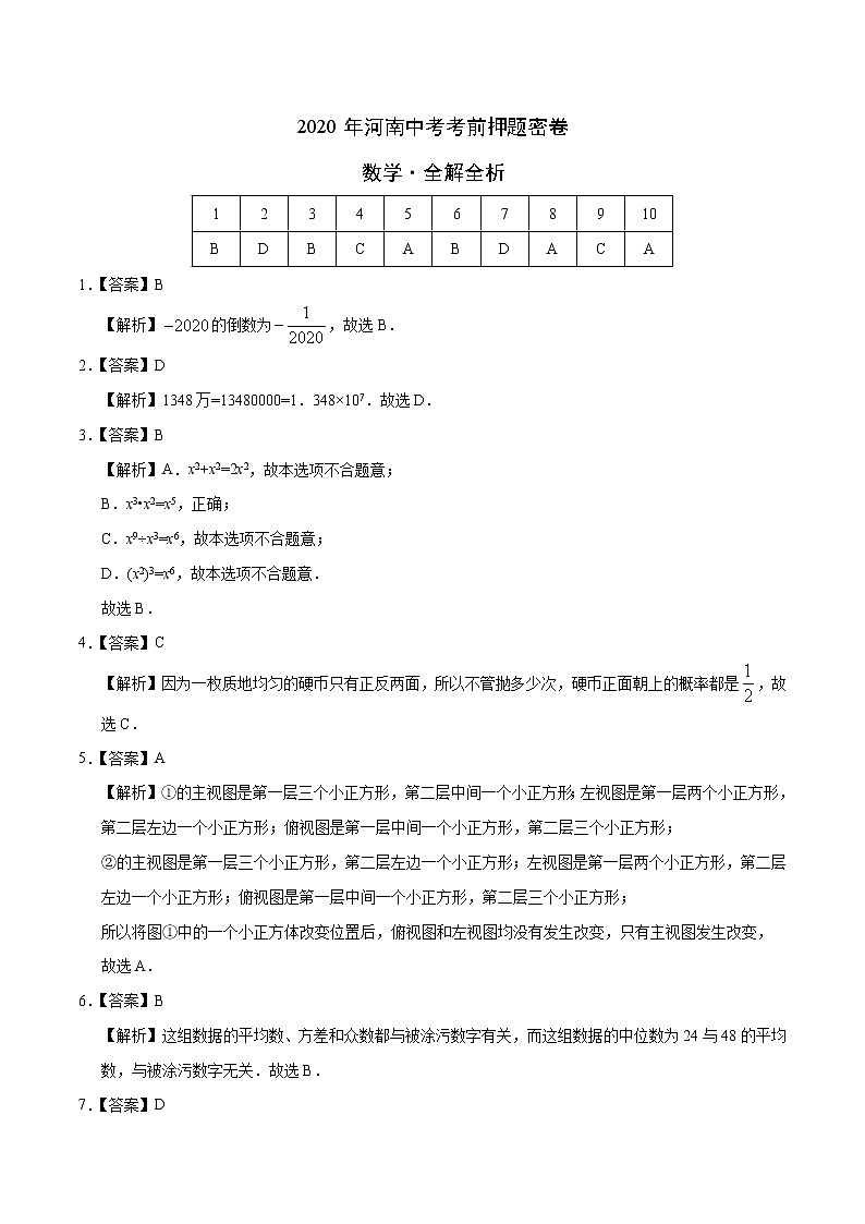初中数学中考复习 数学-2020年河南中考考前押题密卷（全解全析）第1页