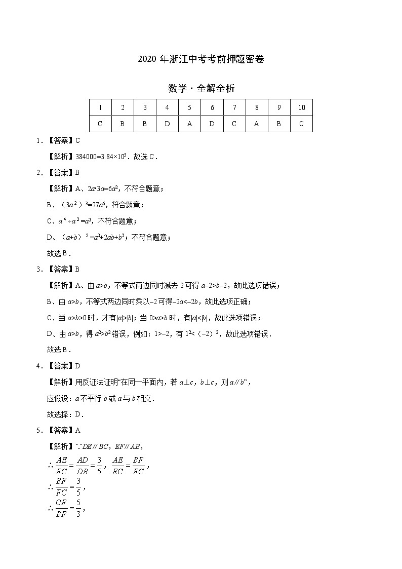 初中数学中考复习 数学-2020年浙江杭州中考考前押题密卷（全解全析）01