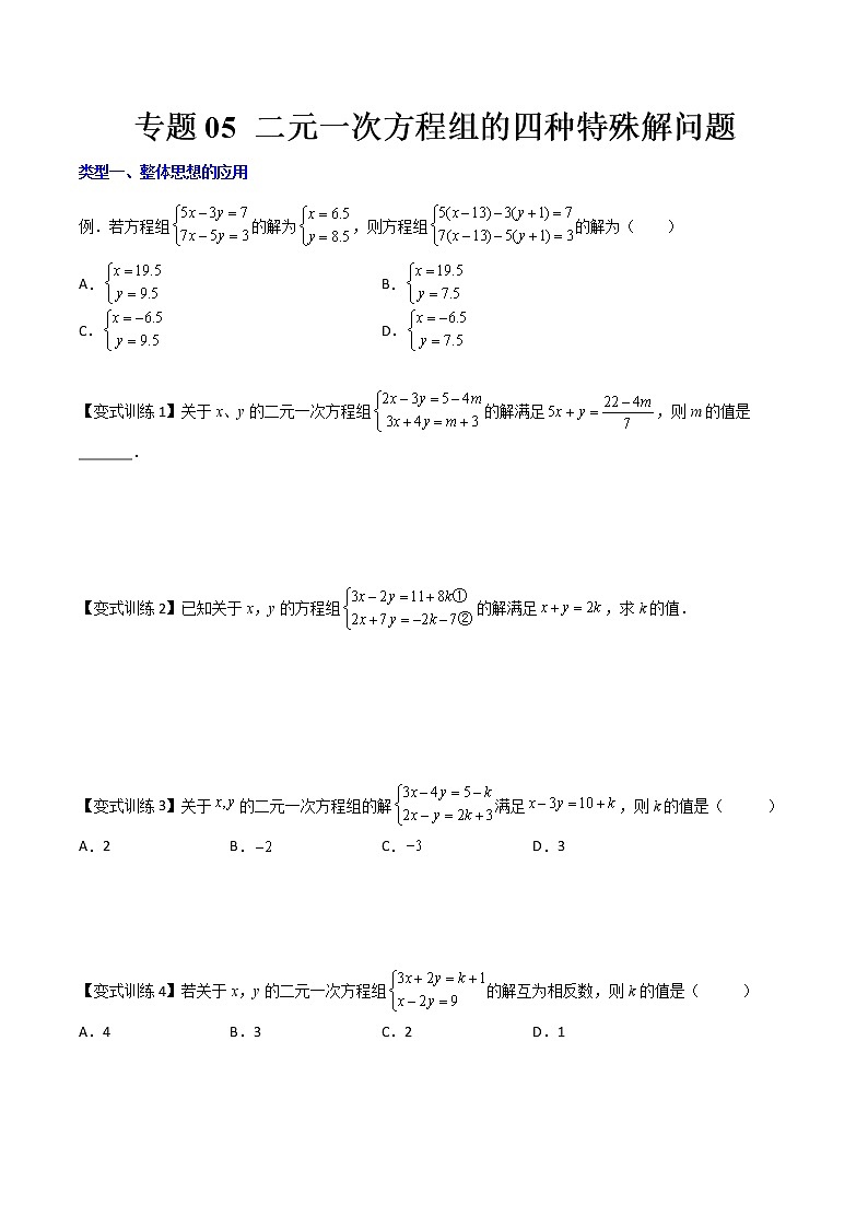 七年级数学下册压轴题攻略（人教版）专题05 二元一次方程组的四种特殊解问题（原卷版）01