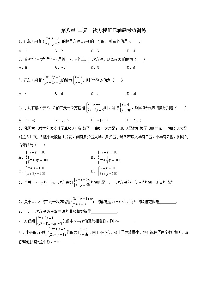 第八章 二元一次方程组压轴题考点训练（原卷版）（人教版）第1页