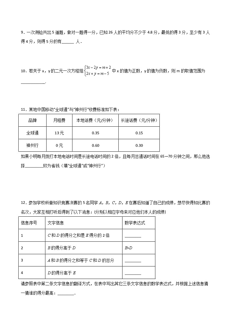 第九章不等式与不等式组压轴题考点训练（原卷版）02