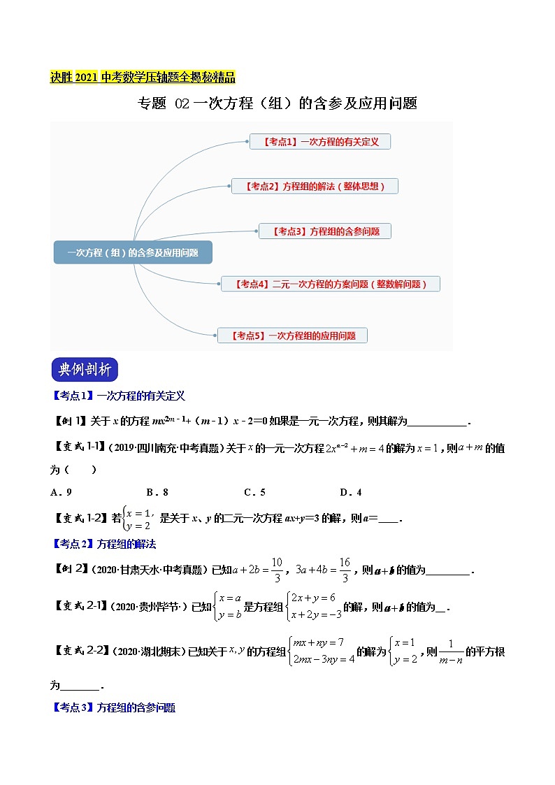 初中数学中考复习 专题02 一次方程（组）的含参及应用问题（原卷版）第1页