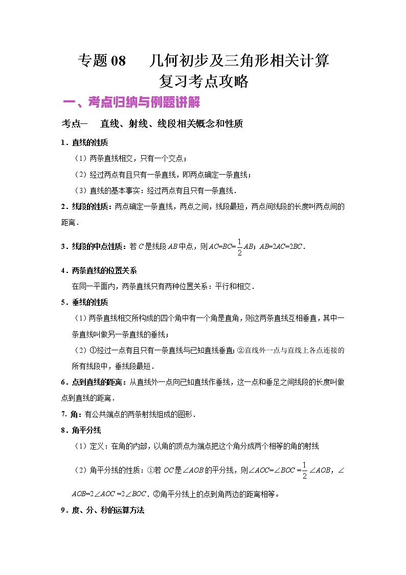 初中数学中考复习 专题08 几何初步及三角形相关计算（讲+练）-2022年中考数学二轮复习核心专题复习攻略（解析版）第1页