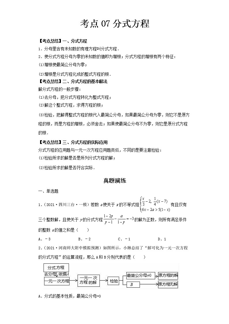 2022-2023 数学北师大版新中考精讲精练 考点07分式方程01
