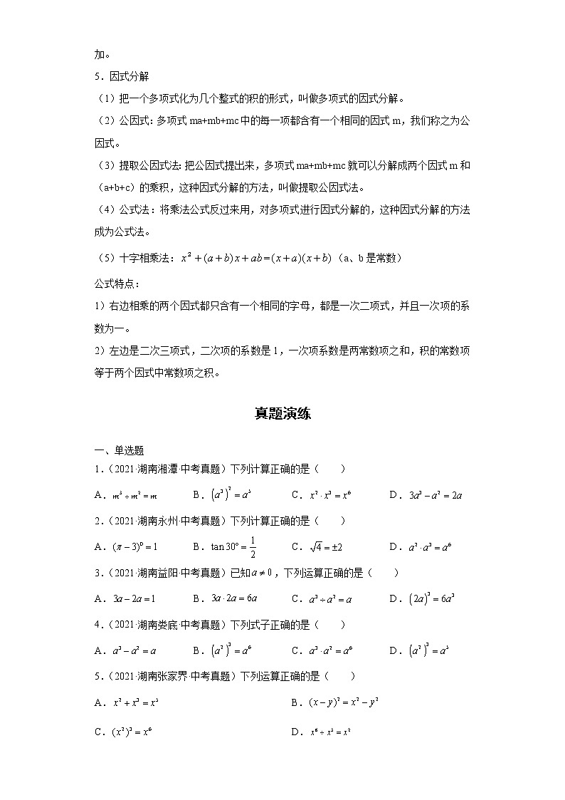  2022-2023 数学华师大版新中考精讲精练 考点11整式的乘除（原卷版）第2页