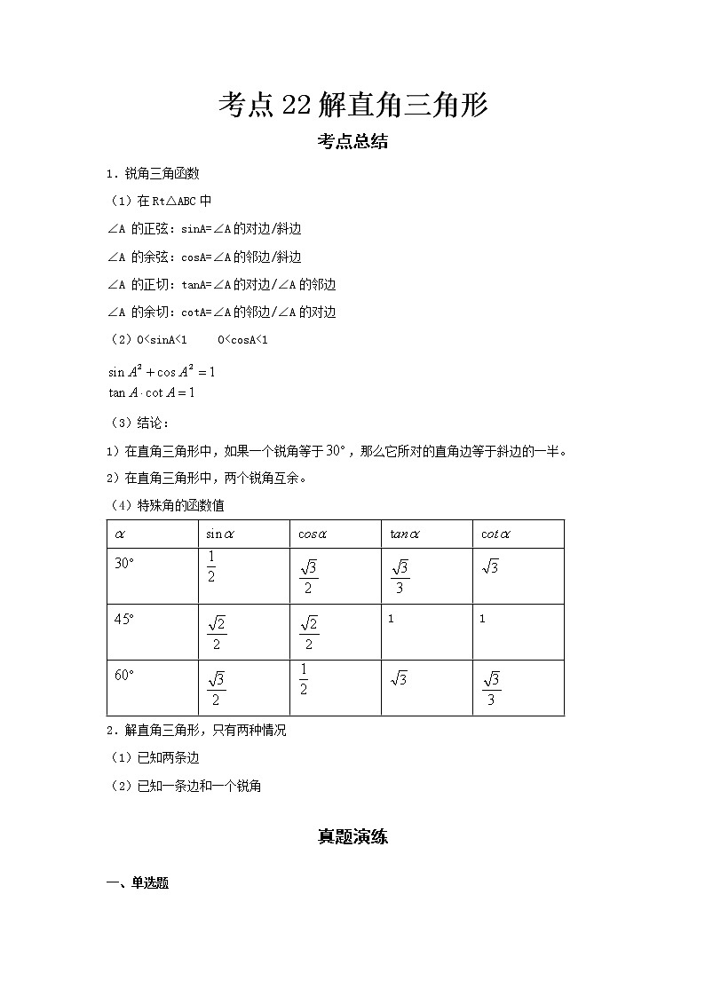  2022-2023 数学华师大版新中考精讲精练 考点22解直角三角形（原卷版）第1页