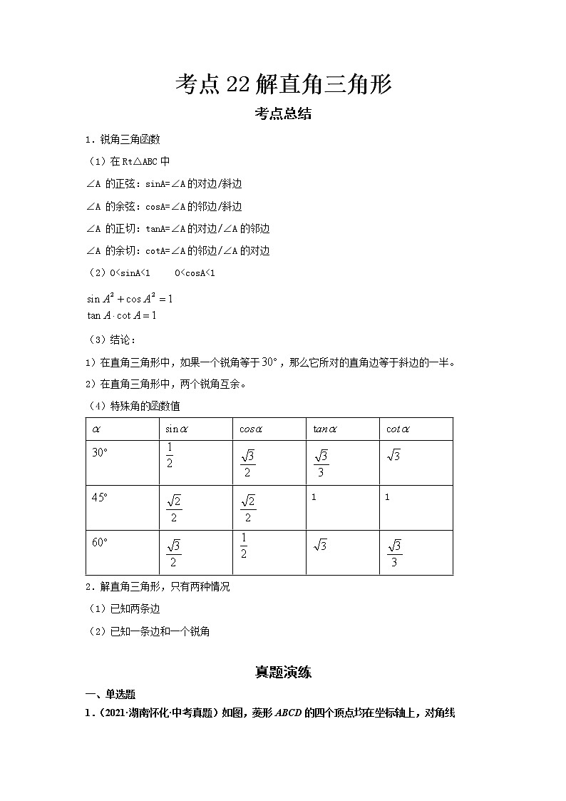  2022-2023 数学华师大版新中考精讲精练 考点22解直角三角形（解析版）第1页