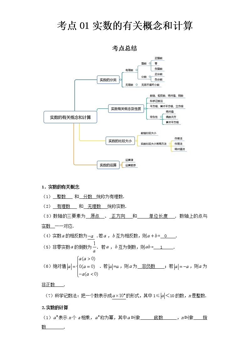 2022-2023 数学京改版中考精讲精练 考点01实数的有关概念和计算01