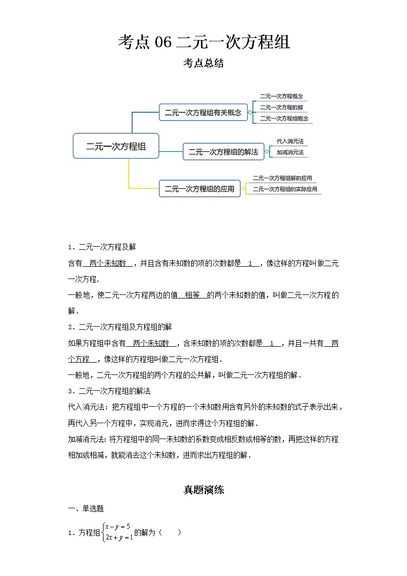 2022-2023 数学京改版新中考精讲精练 考点06二元一次方程组01