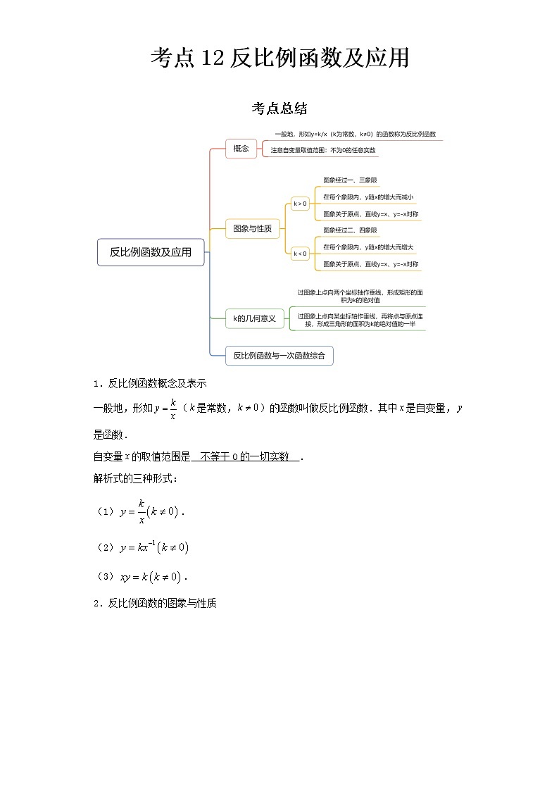  2022-2023 数学京改版新中考精讲精练 考点12反比例函数及应用（解析版）第1页