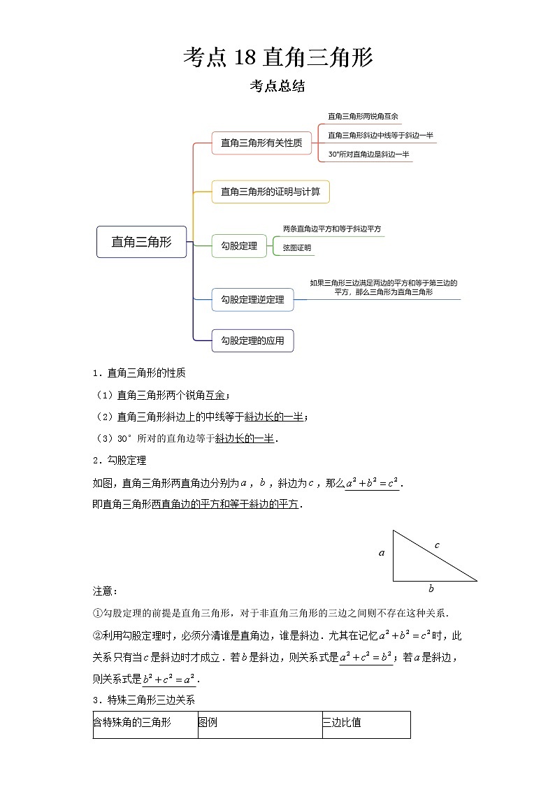   2022-2023 数学京改版新中考精讲精练 考点18直角三角形（解析版）第1页