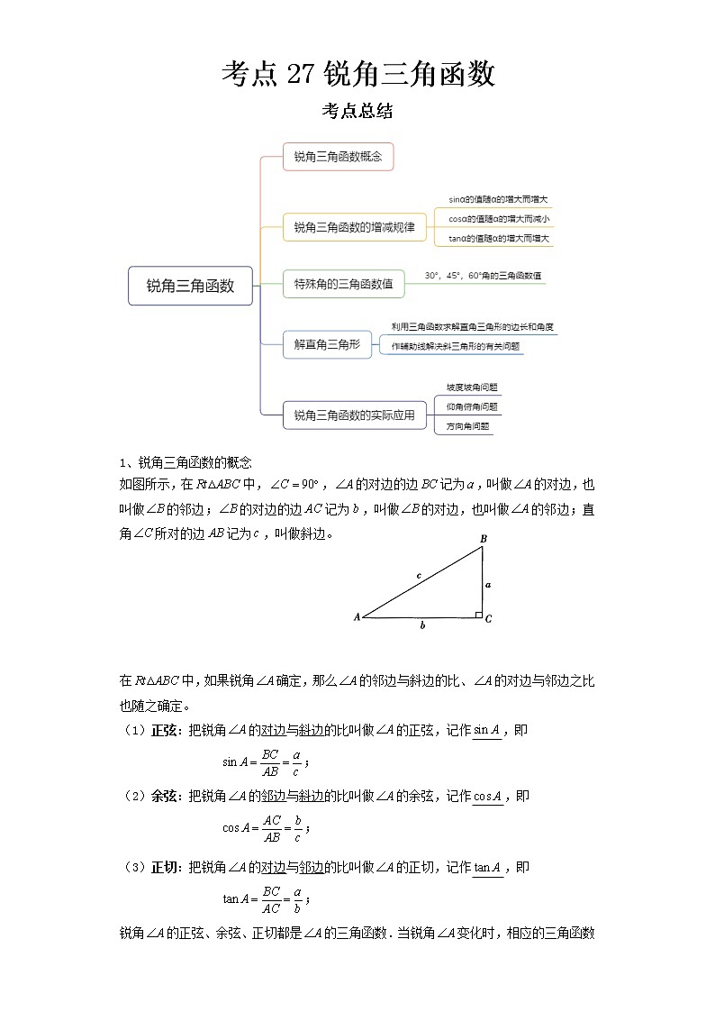   2022-2023 数学京改版新中考精讲精练 考点27锐角三角函数（原卷版）第1页