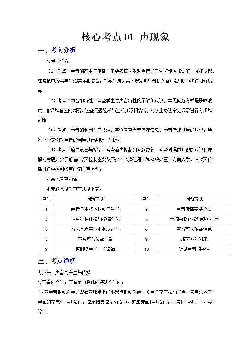 2023 物理新中考二轮复习热点透析 核心考点01 声现象 试卷01