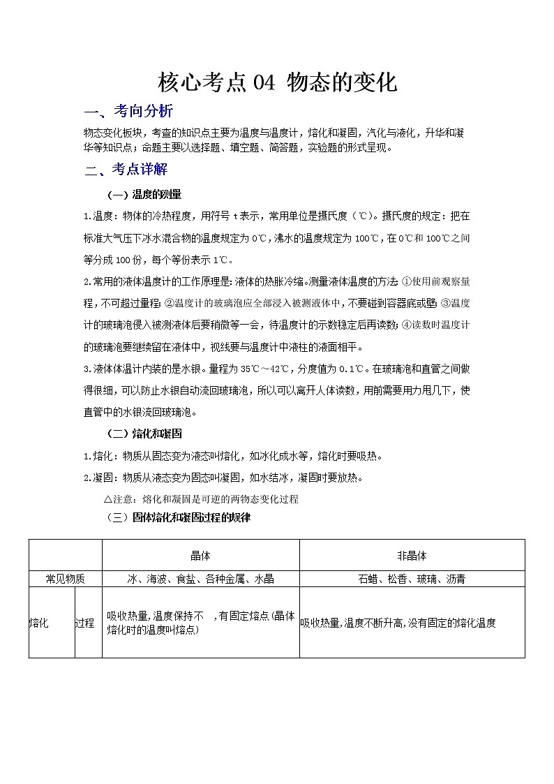  2023 物理新中考二轮复习热点透析 核心考点04 物态的变化(原卷版)第1页
