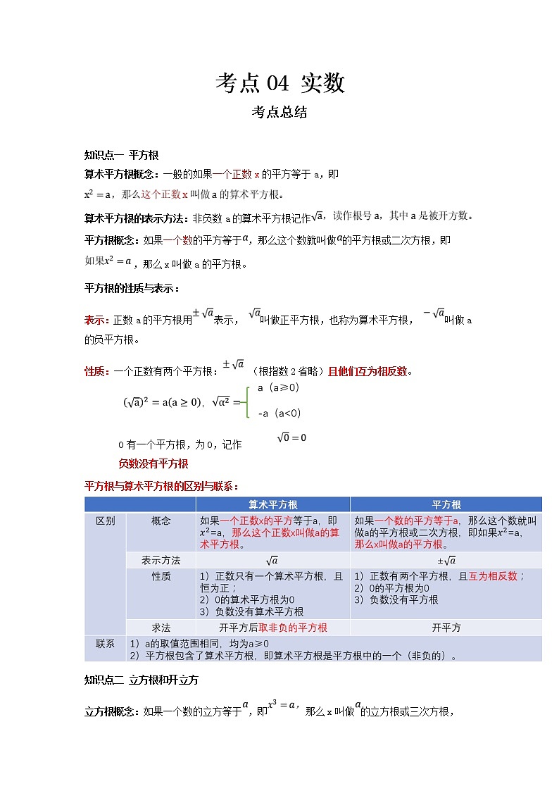 2022-2023 数学冀教版新中考精讲精练 考点04 实数01