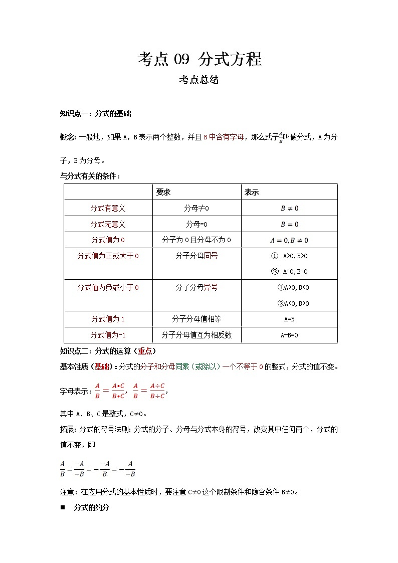 2022-2023 数学冀教版新中考精讲精练 考点09 分式方程01