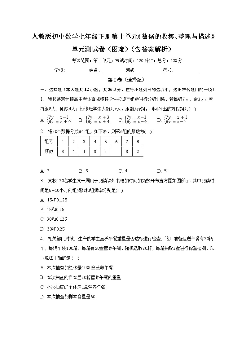 人教版初中数学七年级下册第十单元《数据的收集、整理与描述》单元测试卷（困难）（含答案解析）01