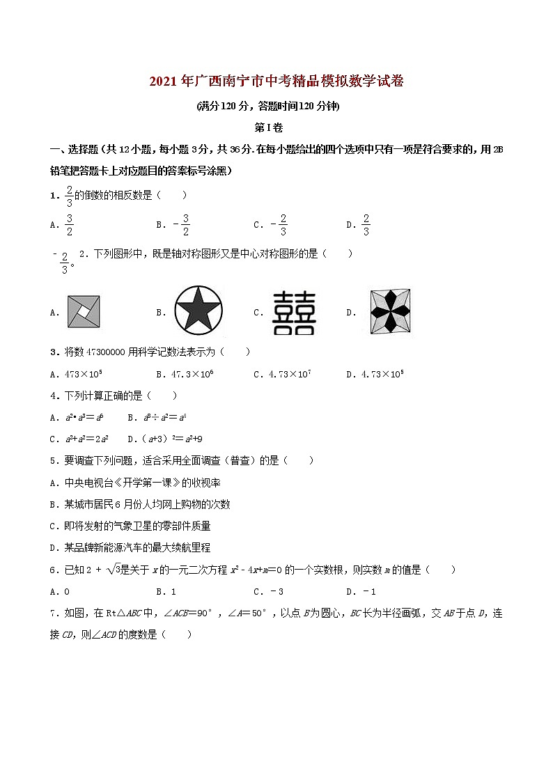 初中数学中考复习 专题09（广西南宁市专用）（原卷版）-2021年31个地区中考数学精品模拟试卷01