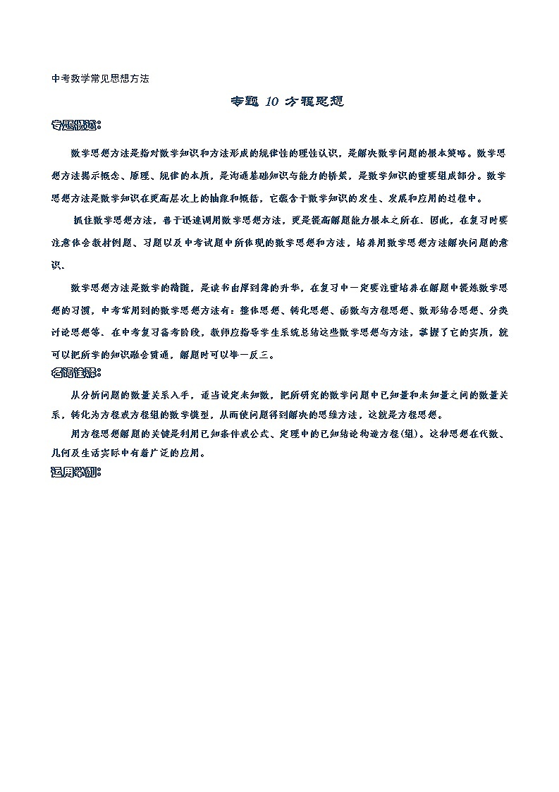 初中数学中考复习 专题10 方程思想-【口袋书】2020年中考数学背诵手册第1页