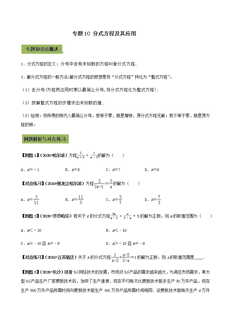 初中数学中考复习 专题10 分式方程及其应用（原卷版）01