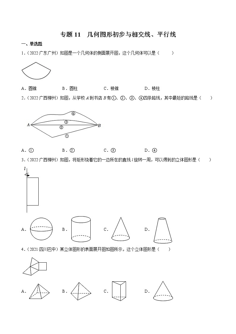 初中数学中考复习 专题11 几何图形初步与相交线、平行线-三年（2020-2022）中考数学真题分项汇编（全国通用）（原卷版）第1页