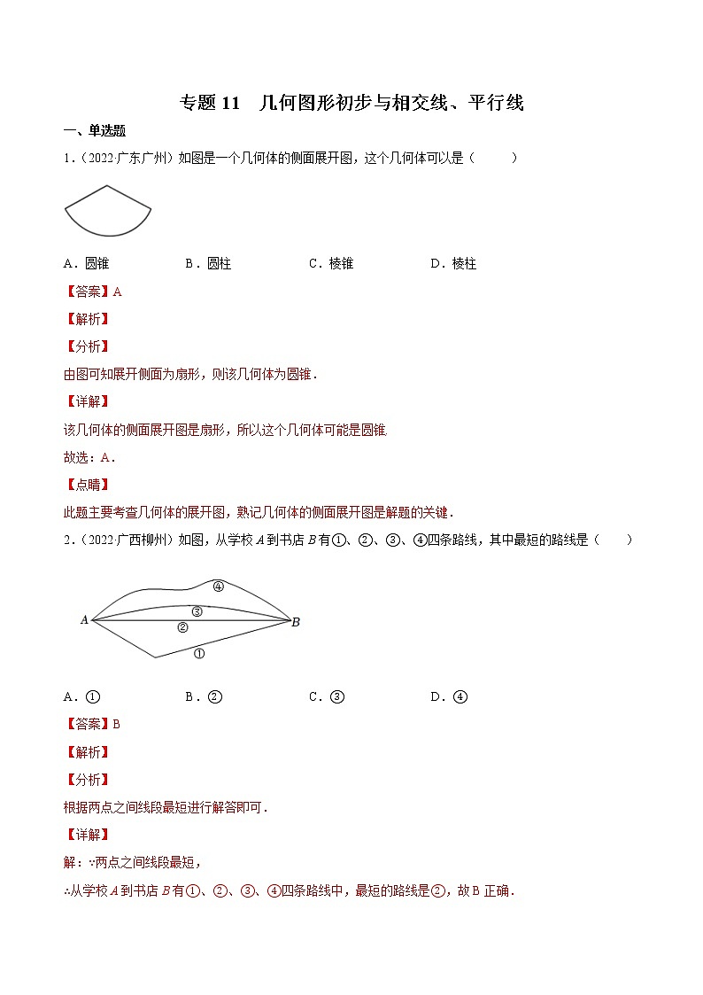 初中数学中考复习 专题11 几何图形初步与相交线、平行线-三年（2020-2022）中考数学真题分项汇编（全国通用）（解析版）01