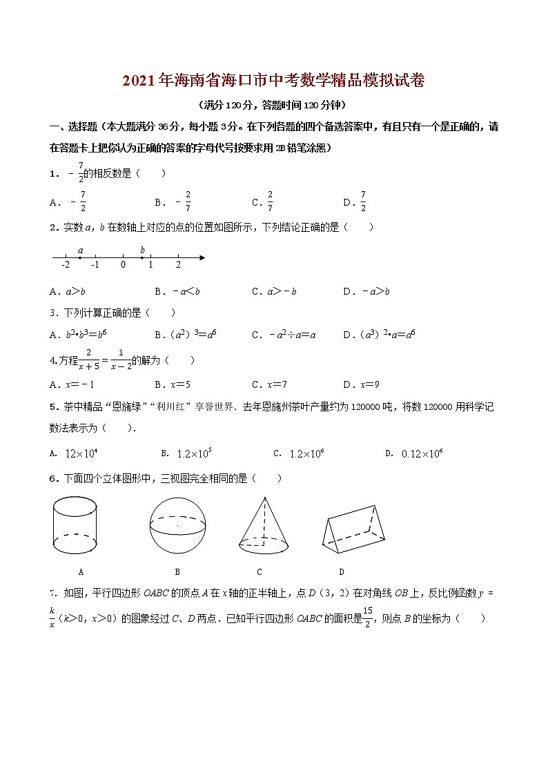 初中数学中考复习 专题11（海南省海口市专用）（原卷版）-2021年31个地区中考数学精品模拟试卷第1页