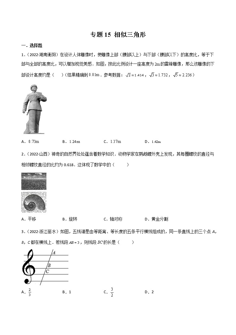 初中数学中考复习 专题15 相似三角形-2022年中考数学真题分项汇编（全国通用）（第1期）（原卷版）第1页