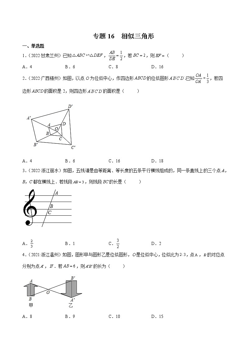 初中数学中考复习 专题16 相似三角形-三年（2020-2022）中考数学真题分项汇编（全国通用）（原卷版）01