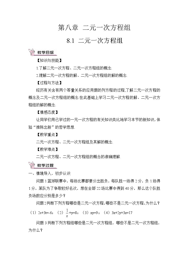 8.1 二元一次方程组（教案）第1页
